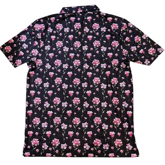Bad Birdie Men's XL Black Polo Arcadia Pink Floral Short Sleeve Stretch Golf - Picture 2 of 6